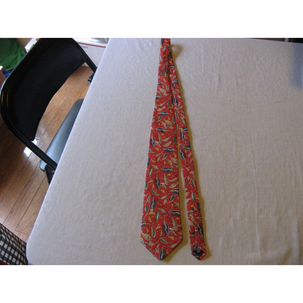 Mens Lands End Red With Fishing Lures Neck Tie